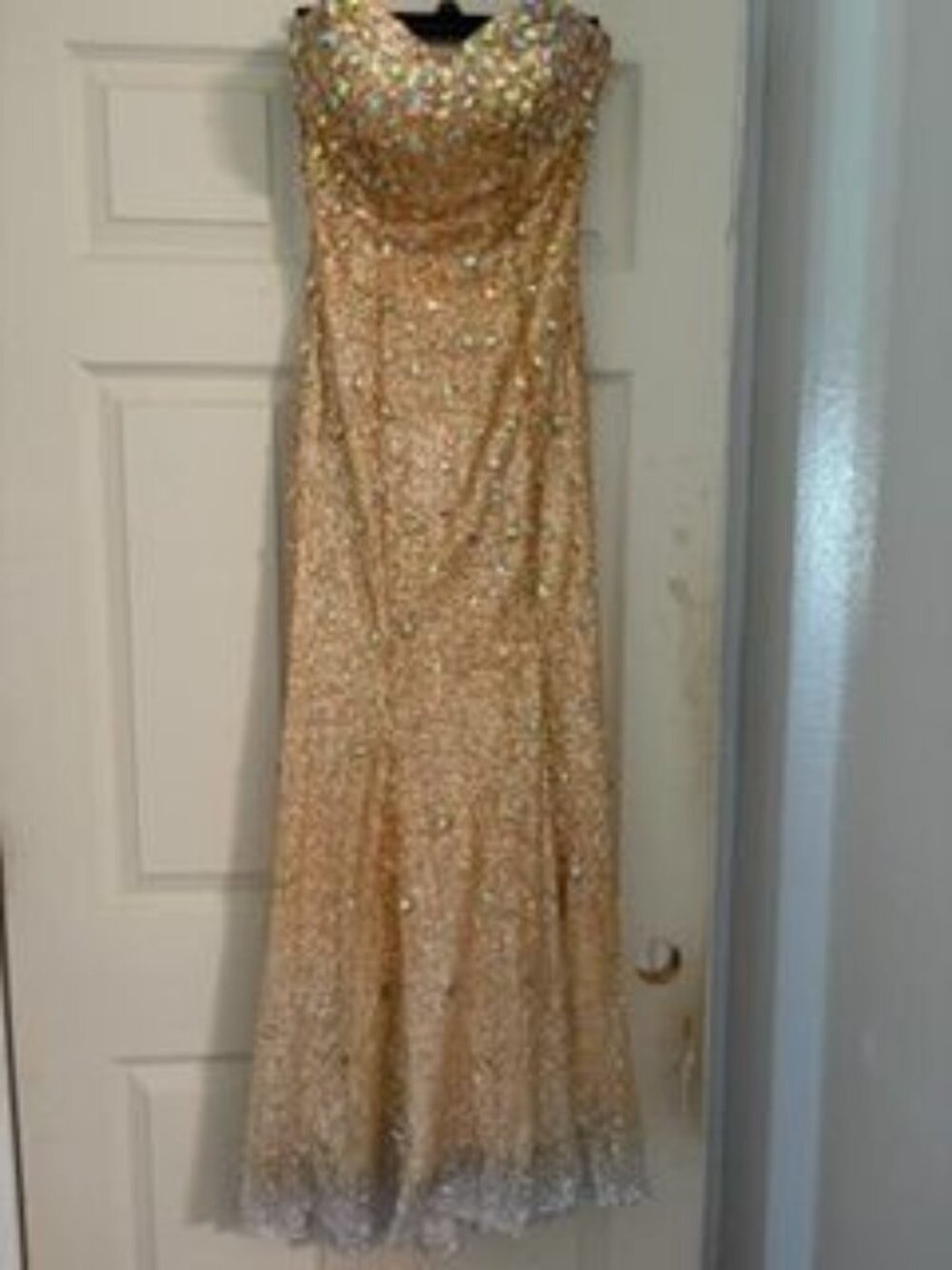 Jovani Gold Sequined Strapless Gown With Rhinestone Embellishments